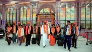 Travelers arrive at the Shree Ram International Airport in Ayodhya. Direct flights from Delhi to Ayodhya were fully booked for January 21, the day before the consecration ceremony of the Ram temple, attracting a massive influx of politicians, celebrities, and devotees to the sacred town.