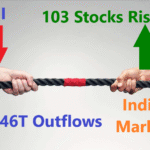 Foreign investors tug-of-war infographic showing market outflows versus 103 rising Indian stocks with contrasting arrows