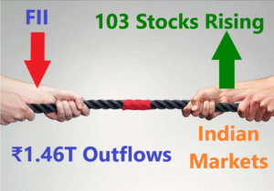 Foreign investors tug-of-war infographic showing market outflows versus 103 rising Indian stocks with contrasting arrows